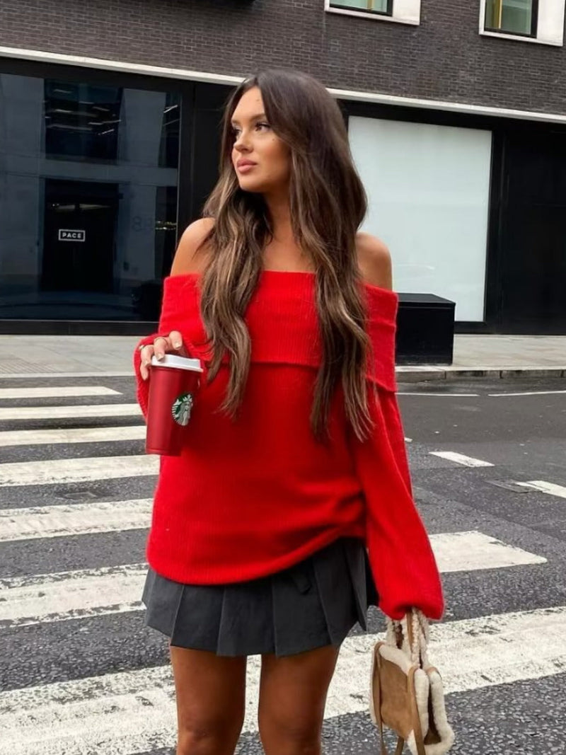 Off Shoulder Cropped Knitted Pullover Slash Neck Long Sleeve Female Sweater Autumn Lady Loose Jumpers Knit