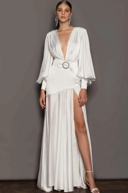 Lantern Sleeve Split Maxi Dress