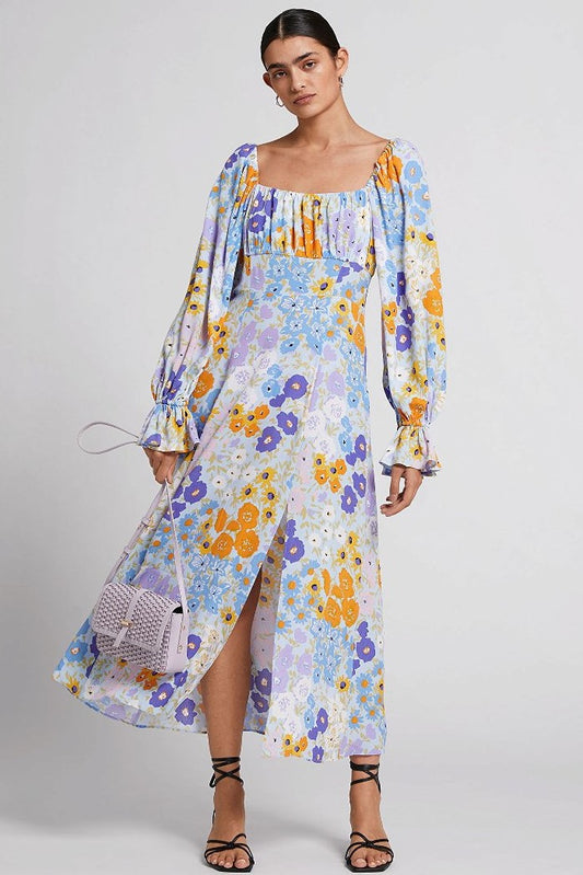 Puff-sleeve Split Midi Dress
