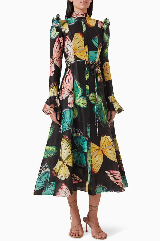 Butterfly Print Lantern Sleeve Midi Dress