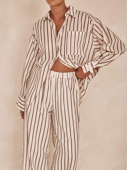 Loose Striped Patchwork Shirt and Wide-leg Pants Suit