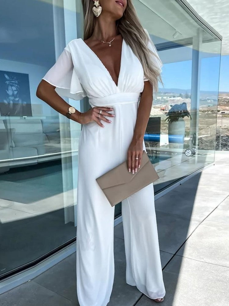 V Neck Mousseline Flutter Sleeve Jumpsuit in White