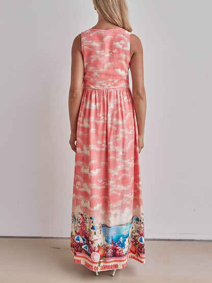 Unique Ink-print V-neck Lace-up Loose-fitting A-line Maxi Dress