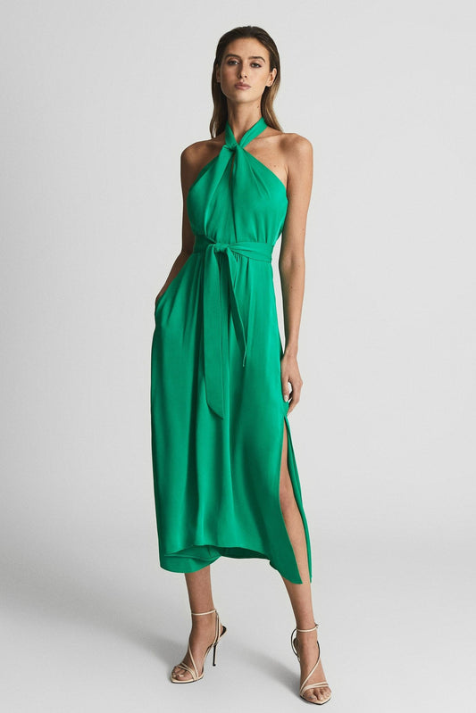 Sleeveless Lace Up Slit Halter Neck Midi Dress Green