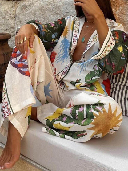 Beauty Unique Print Long Sleeve Shirt and Elastic Waist Pants Set