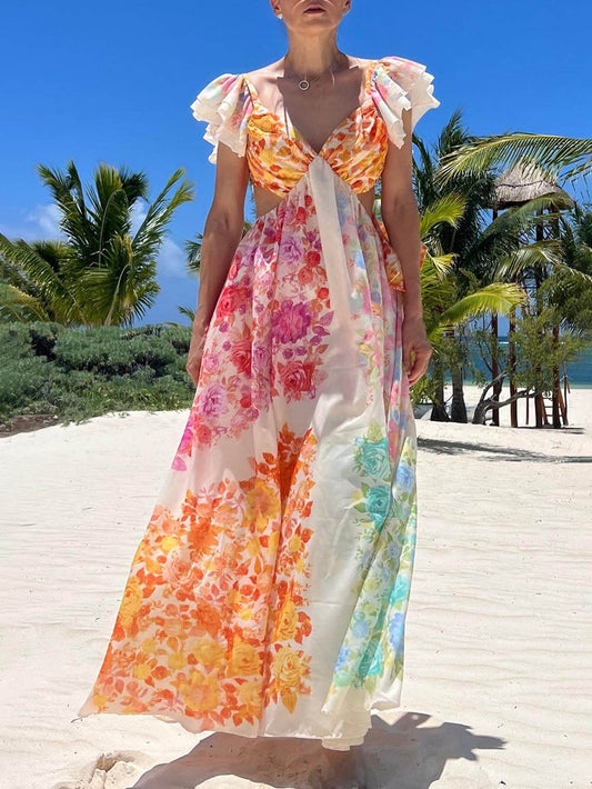 Frill Cutout Back Tie-up Maxi Dress
