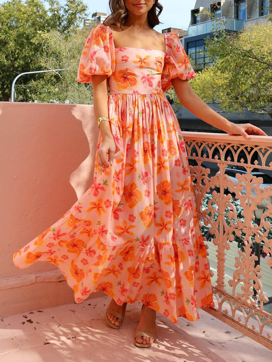 Print Puff Sleeve Back Smocked Pocket Maxi Dress
