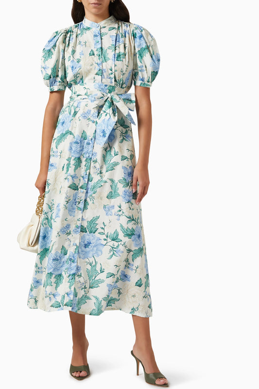 Single Breasted Puff-sleeve Midi Dress With Belt
