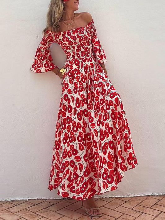 Print Smocked Off Shoulder Pocketed Maxi Dress