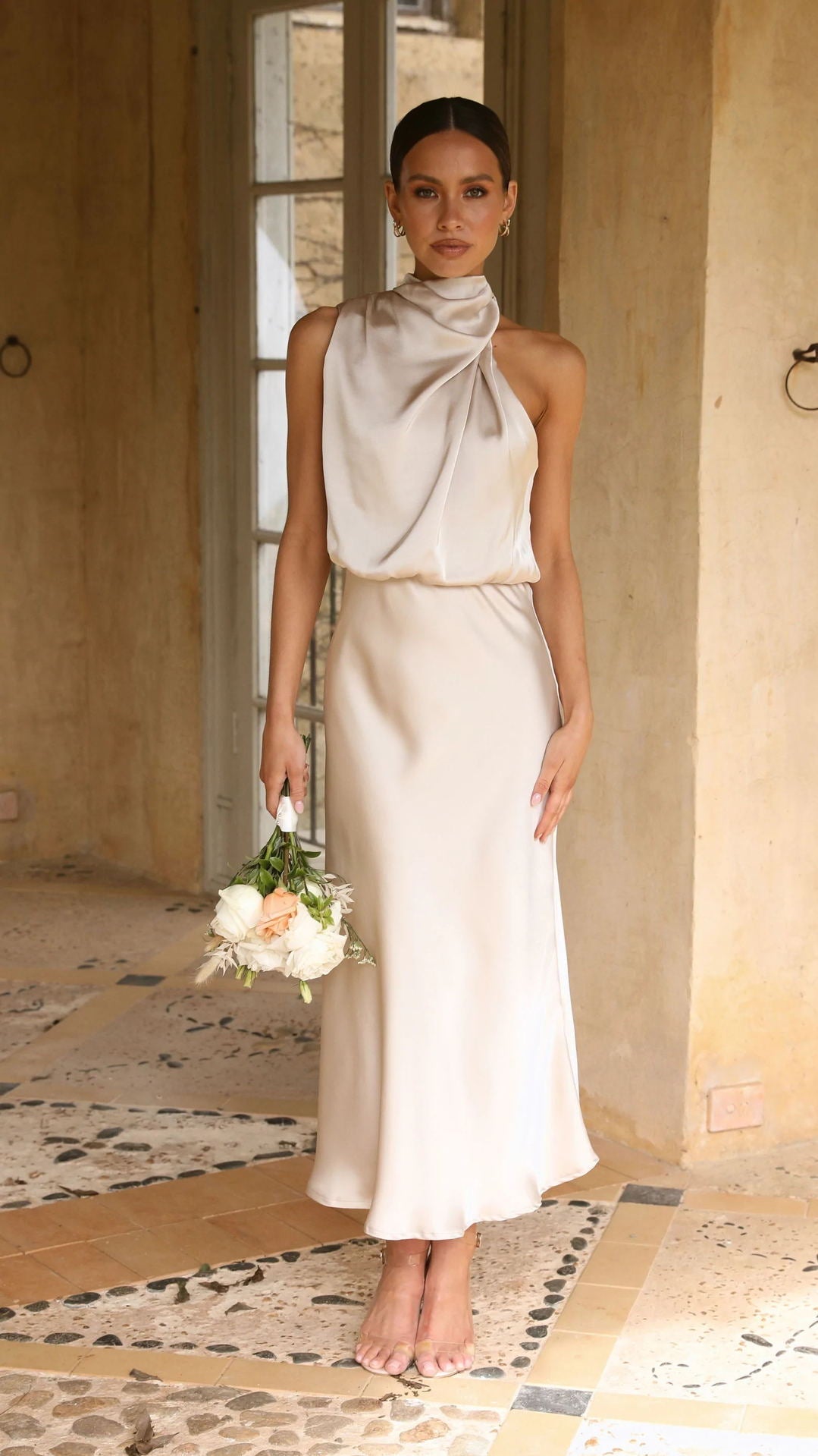 Curve Satin Ruched Halter Neck Maxi Dress in Orchid