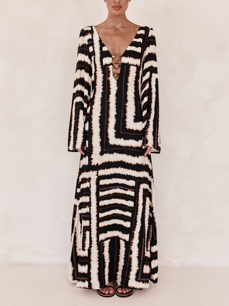 Flattering V-neckline Unique Printed V Tie Ring Maxi Dress
