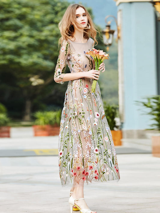 Sheer Garden Mini Dress Flower Embroidered