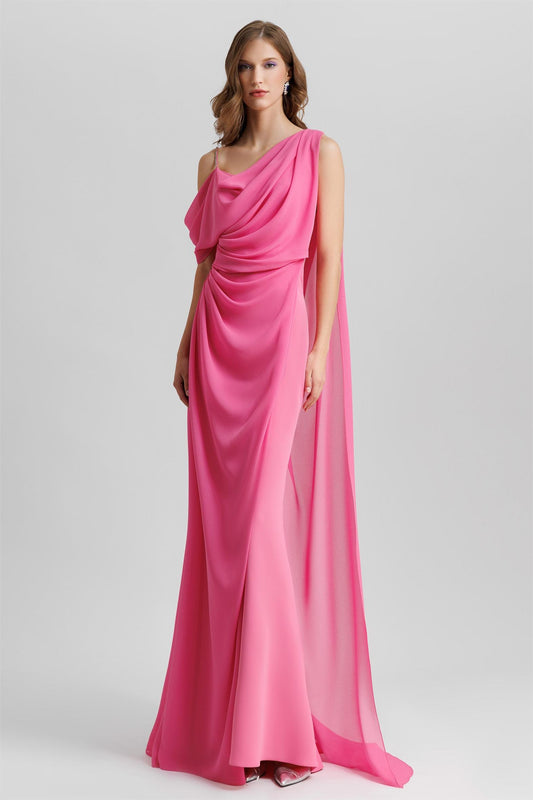 Satin Chiffon Cape Gathering Maxi Dress