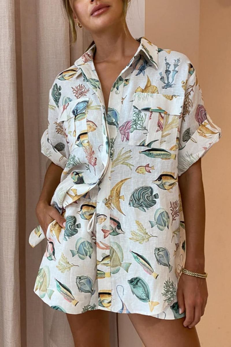 Personalized Fish Print Vacation Short Sleeve Shirt Tie-dye Shorts Set