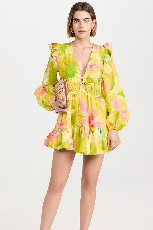 V-neck Frill Lantern Sleeve Mini Dress