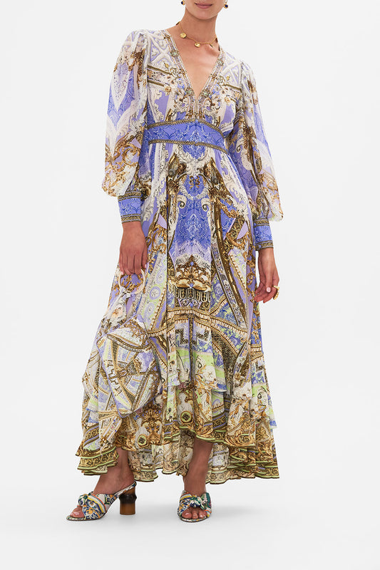 Palace Print V-neck Long Sleeve Maxi Dress