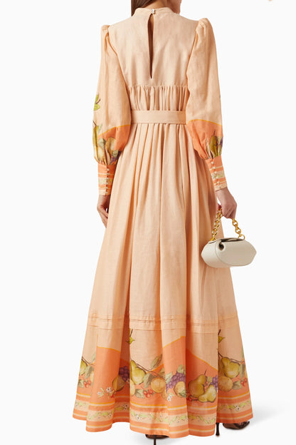 Botanical Print Long Sleeve Midi Dress With Belt