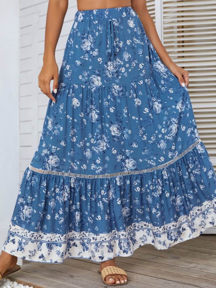 High Waist Eyelet Detail Skirt in Blue