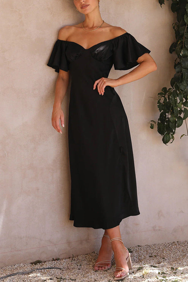Side Split Midi Dress: Off the Shoulder Flutter Sleeve