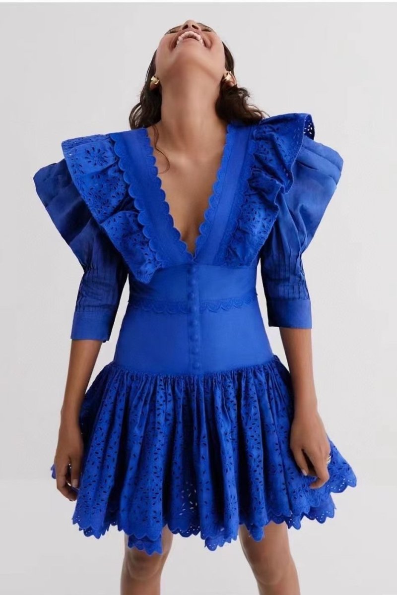 Lace V-neck Frill Mini Dress