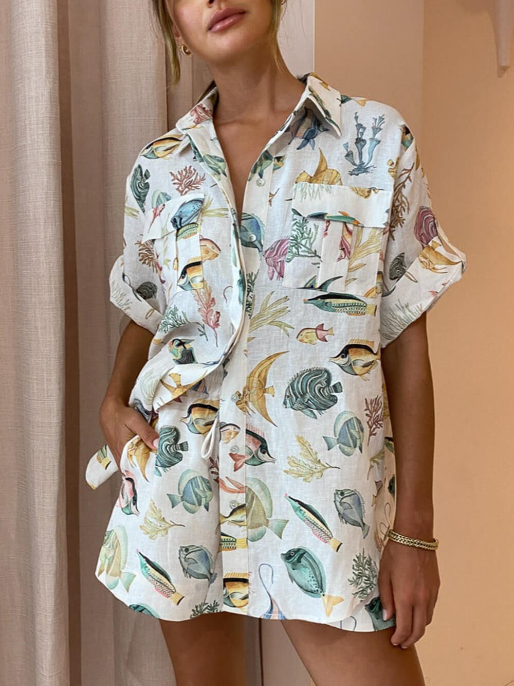 Personalized Fish Print Vacation Short Sleeve Shirt Tie-dye Shorts Set