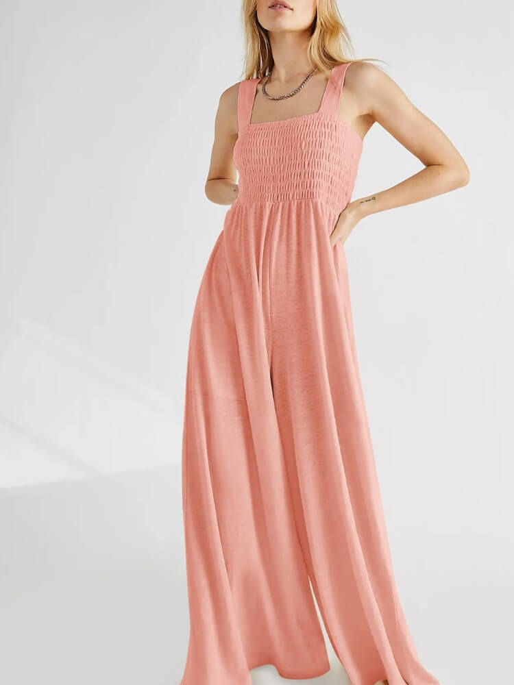 Smocked Pocketed Jumpsuit in Peach