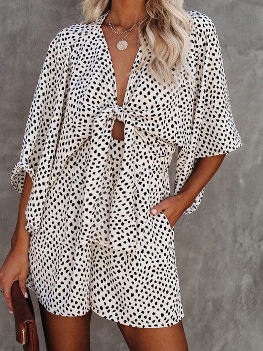V-neck Polka Dots Printed Pocketed Tie Romper