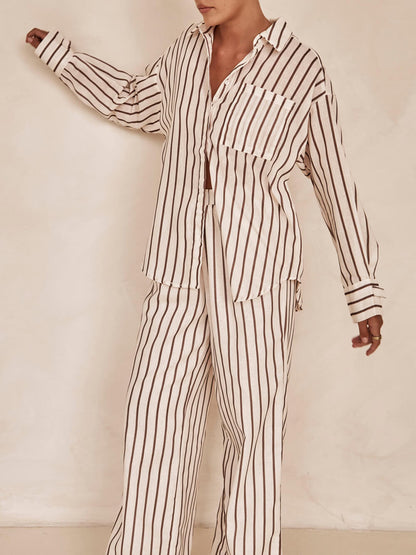 Loose Striped Patchwork Shirt and Wide-leg Pants Suit