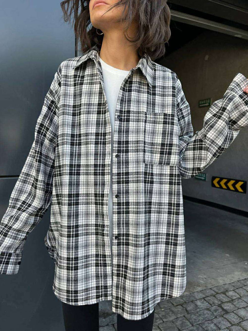 Plaid Blouses Polyester Pocket Blouse Tops