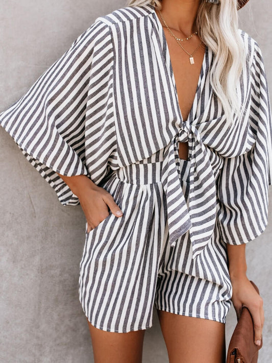V-neck Cotton Pocketed Tie Romper