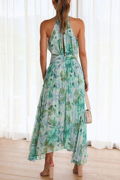 Aqua Print Halter Cutout Neck Pleated Maxi Dress