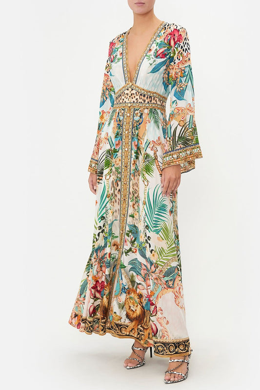 Botanical Print V-neck Long Sleeve Maxi Dress