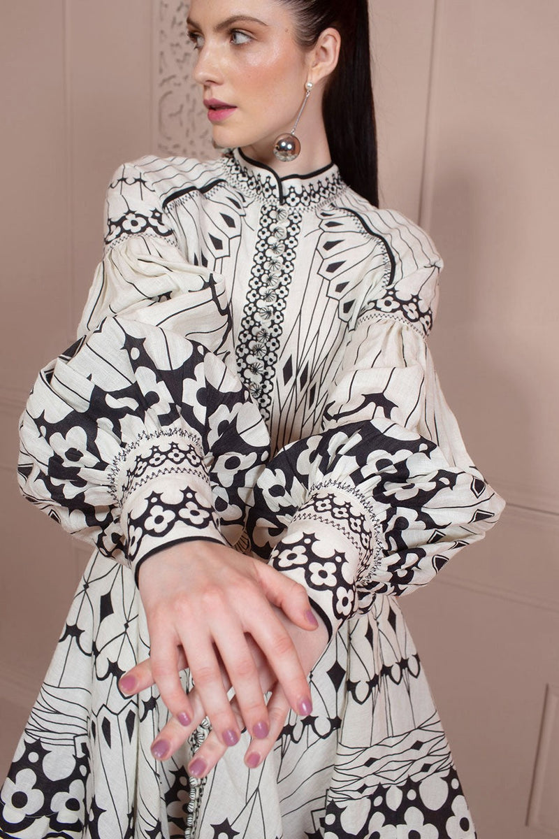 Geometric Patterns Button Long Sleeve Mini Dress With Belt