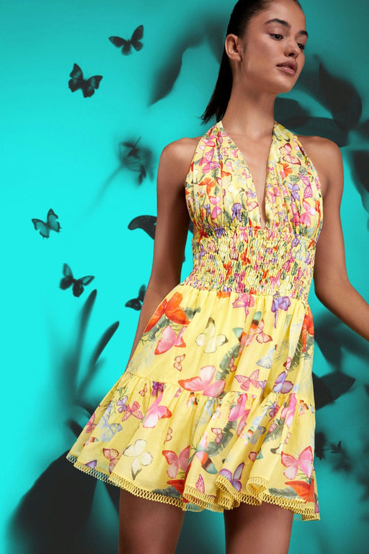 Halter Neck Smocking Frill Mini Dress