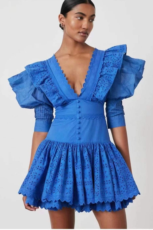 Lace V-neck Frill Mini Dress