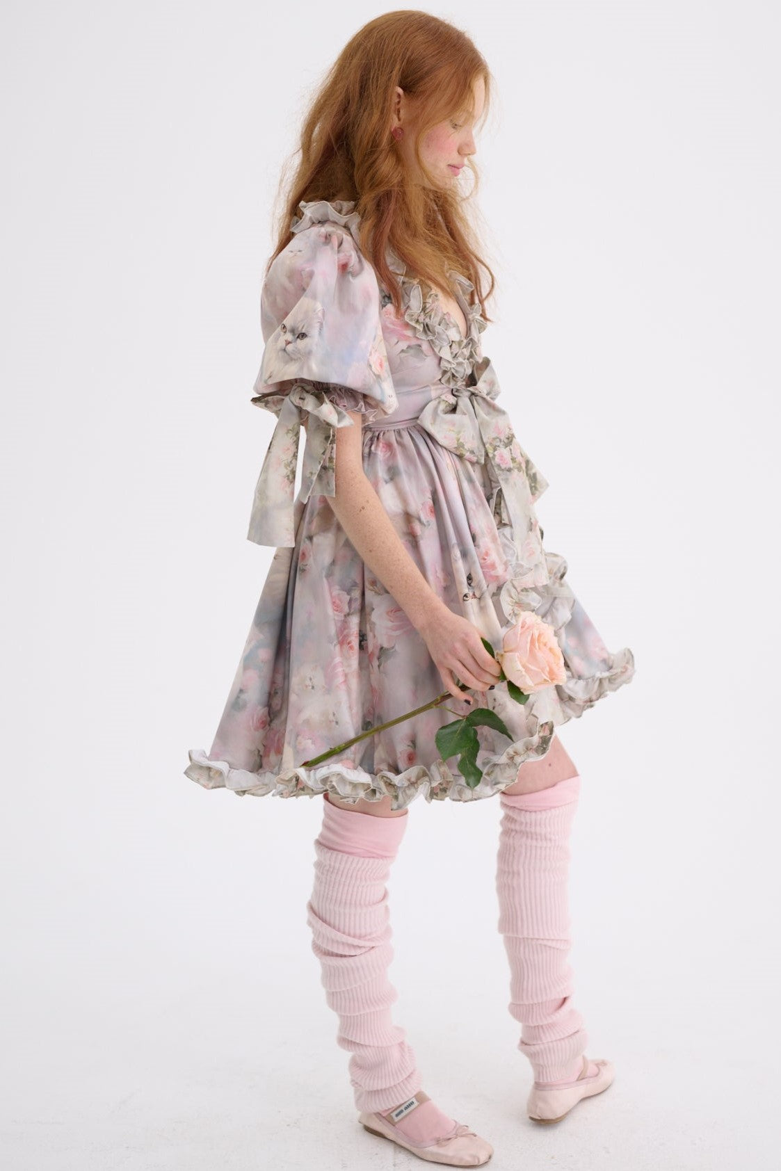 Frill V-neck Puff Sleeve Mini Dress