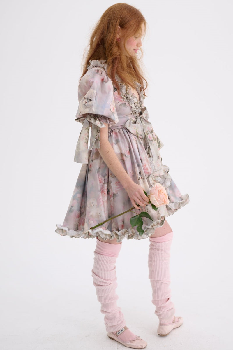 Frill V-neck Puff Sleeve Mini Dress