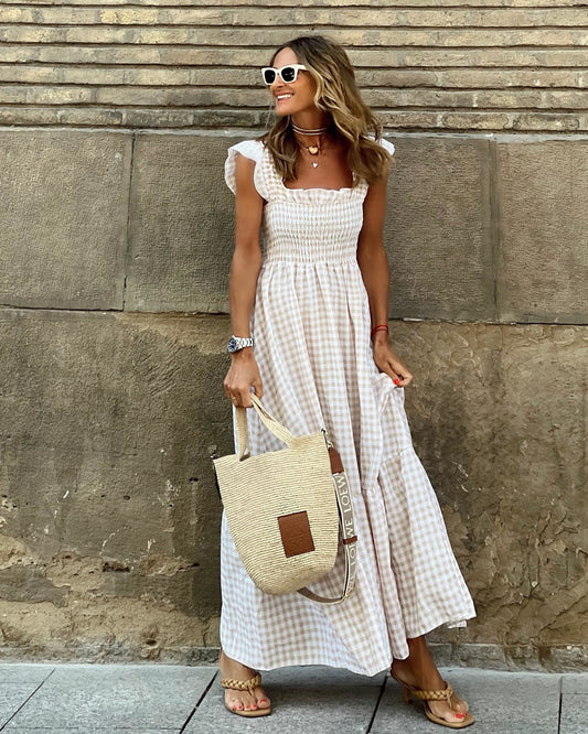 Plaid Ruffled-sleeve Smocked Maxi Dress