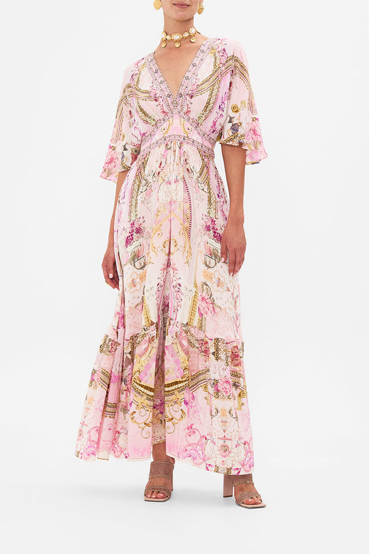 Palace Print Rhinestone V-neck Midi Dress