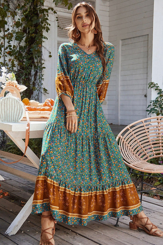 Print Puff Sleeve Loose Maxi Dress