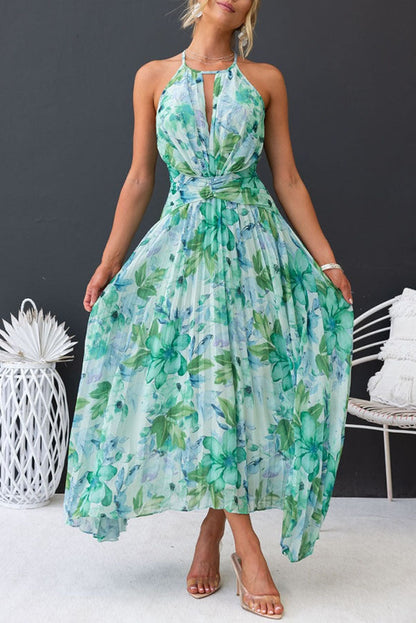 Aqua Print Halter Cutout Neck Pleated Maxi Dress