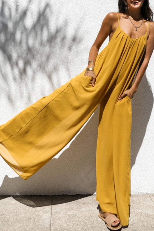 Patchwork Spaghetti Strap Oversized Maxi Jumpsuit in Yellow