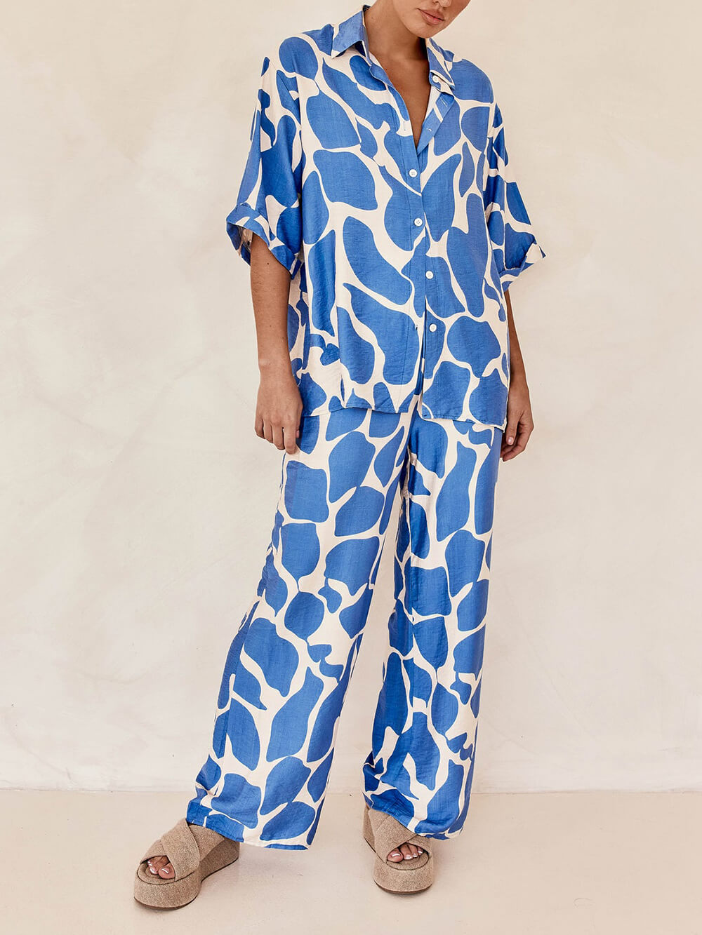 Blue and White Striped Patterned Printed Baggy Pants