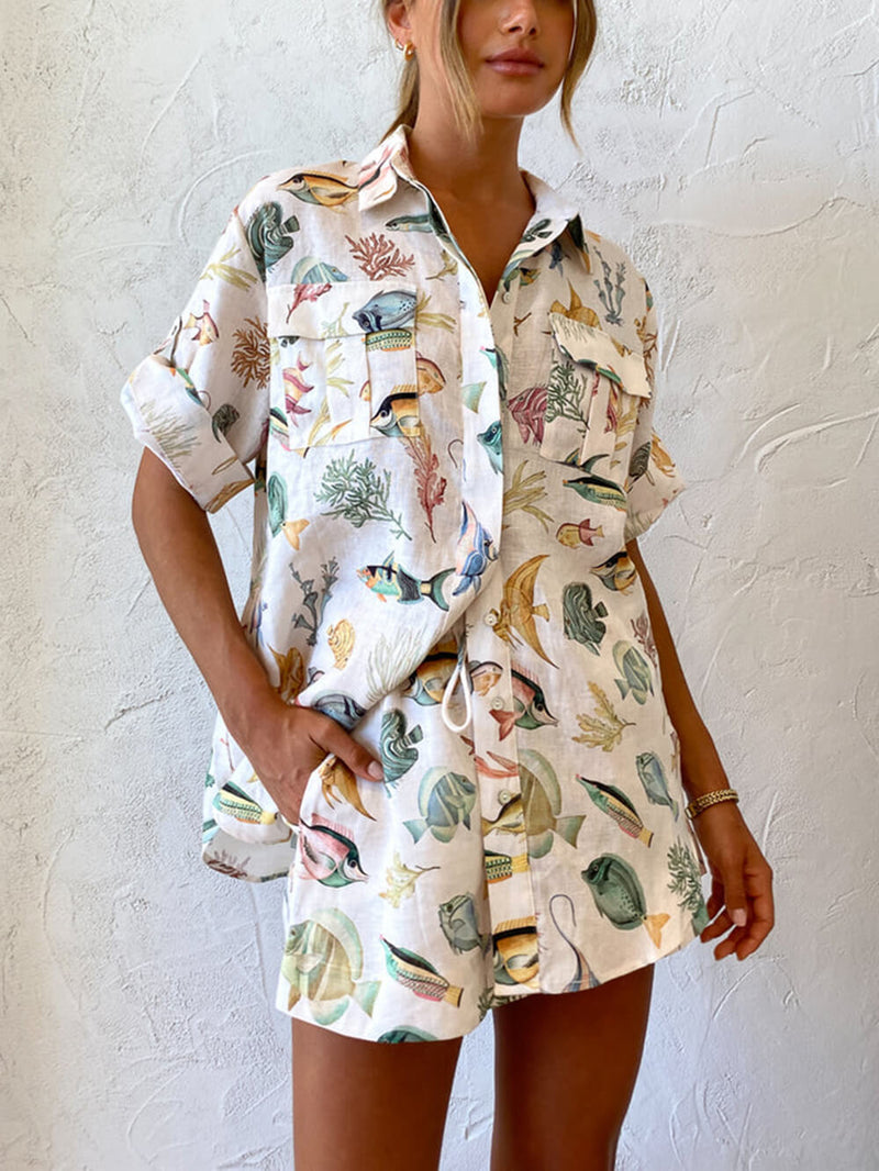 Personalized Fish Print Vacation Short Sleeve Shirt Tie-dye Shorts Set