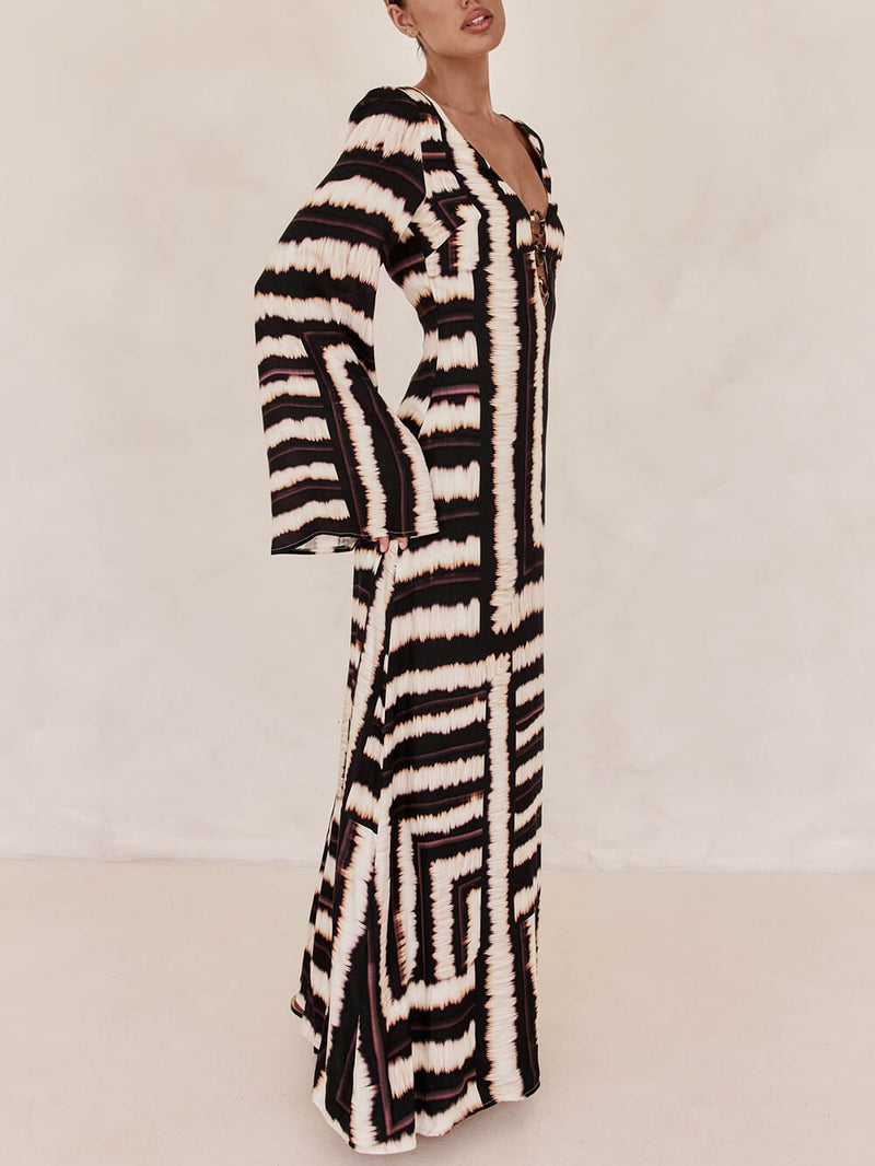 Flattering V-neckline Unique Printed V Tie Ring Maxi Dress