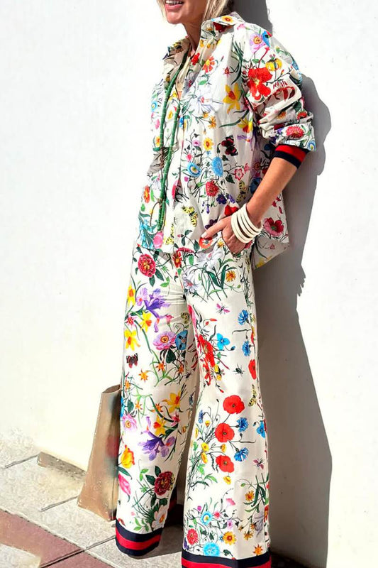 Unique Print Elastic Waist Pocketed Wide Leg Pants-set