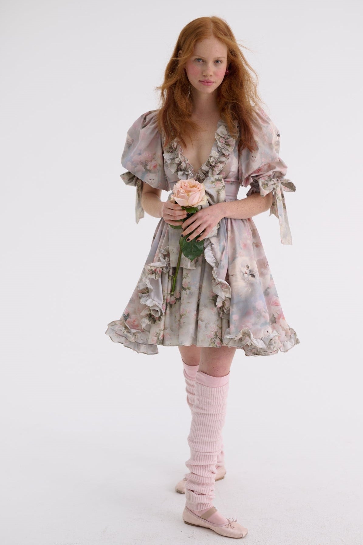 Frill V-neck Puff Sleeve Mini Dress
