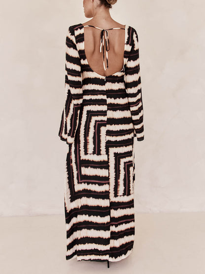 Flattering V-neckline Unique Printed V Tie Ring Maxi Dress