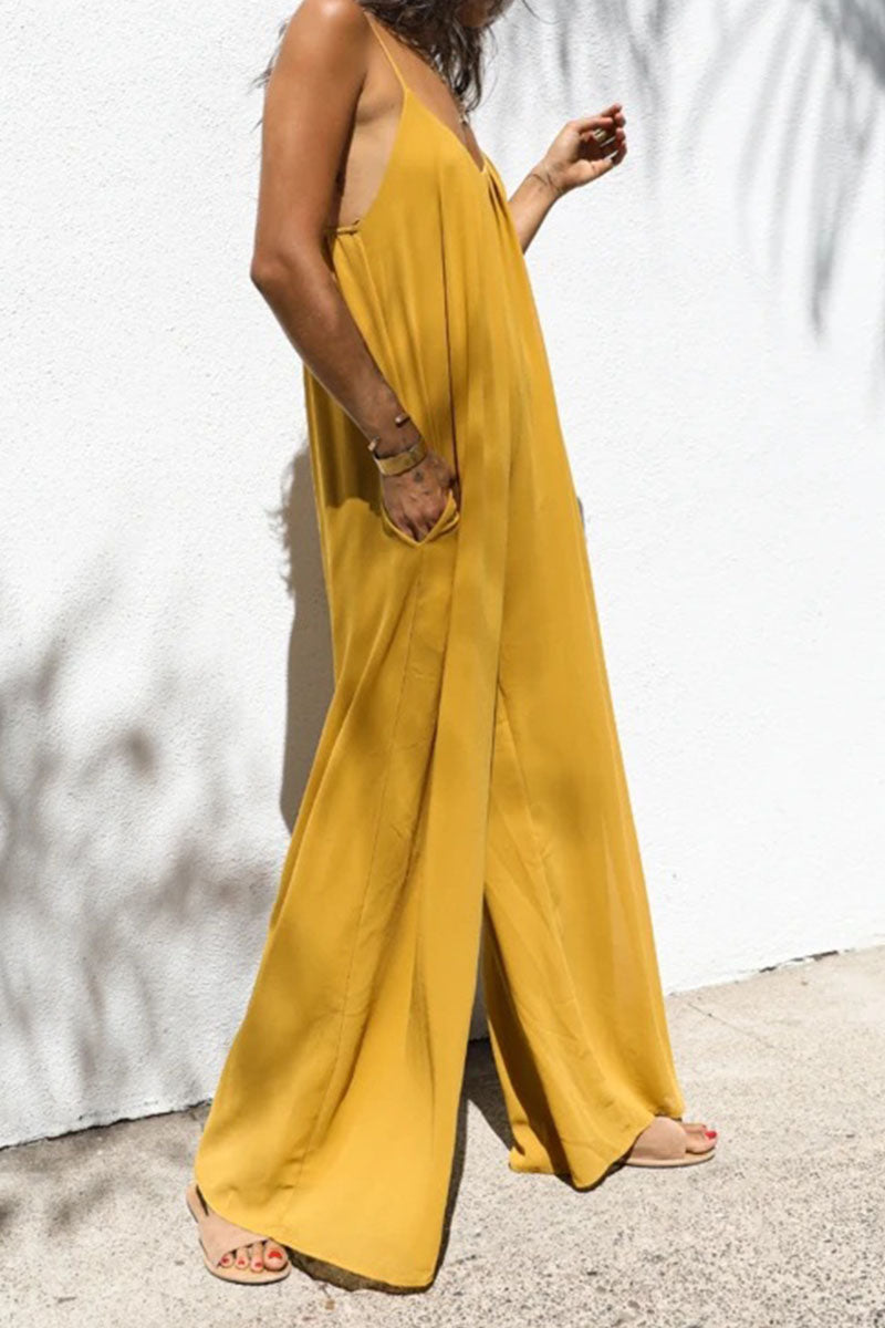 Patchwork Spaghetti Strap Oversized Maxi Jumpsuit in Yellow