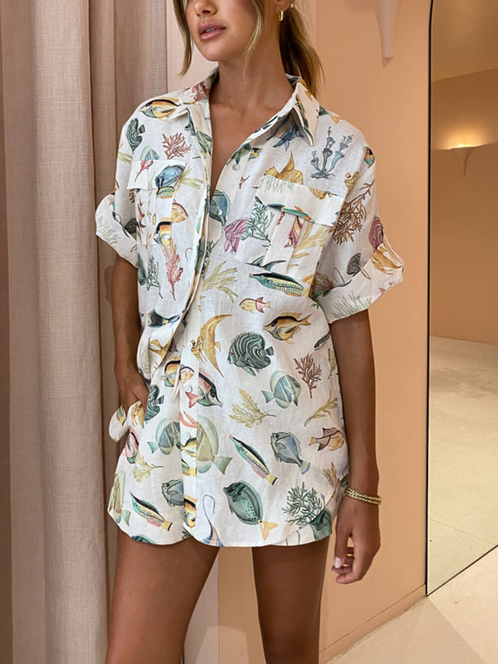 Personalized Fish Print Vacation Short Sleeve Shirt Tie-dye Shorts Set